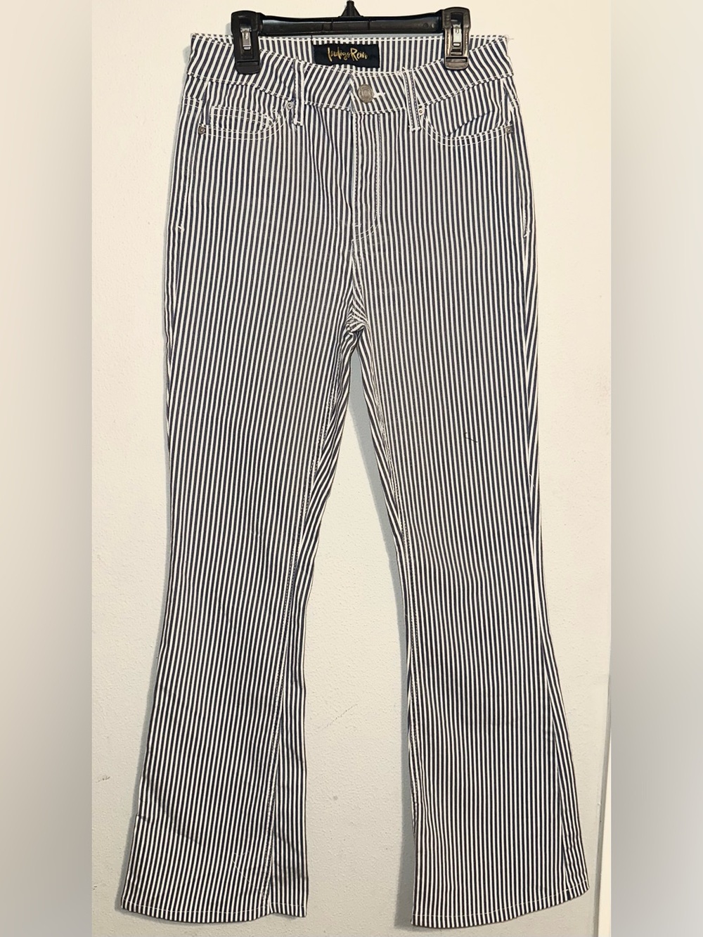 Indigo Rein Navy and White Striped Flare Jeans